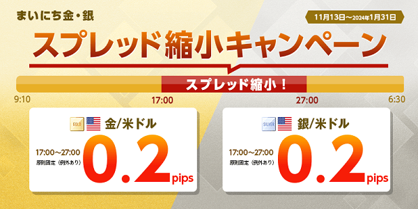 まいにち金・銀も！ゴールデンマネパタイム(17時～27時)は業界最狭水準スプレッドでご提供