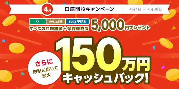 3口座で最大150万5,000円キャッシュバック！マネパ4月の新規口座開設キャンペーン