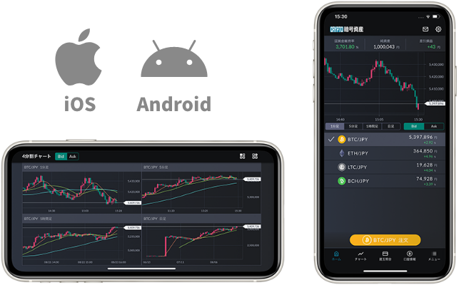 スマートフォン用アプリ 暗号資産CFD 取引アプリの画面イメージ