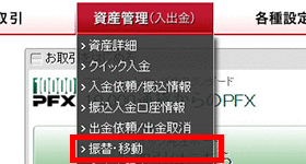 1.会員専用サイトにログインし、「資産管理（入出金）」→「振替・移動」を選択してください。